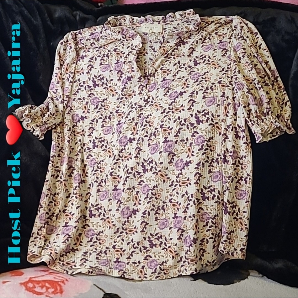 $5🧨 MELLODAY Floral Print Gathered short slv Blouse Pullover - Picture 1 of 13